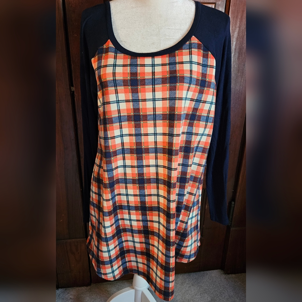 Blue and orange plaid long sleeve tunic top
